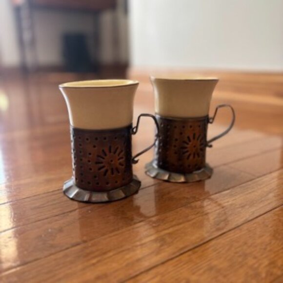 Pfaltzgraff Other - Vintage 70's Pfaltzgraff Ceramic Mugs with Embossed Copper Cup Holders